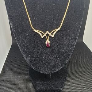Elegant Simulated Gold Necklace with Ruby Pendant, Vintage Avon Jewelry